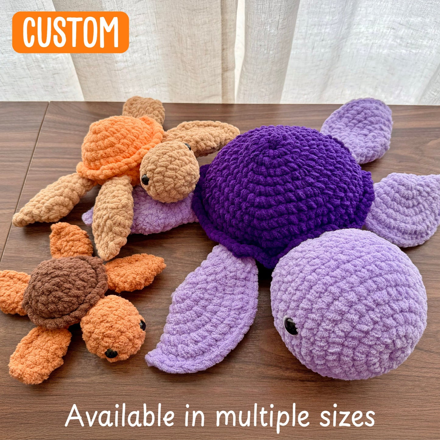 Multiple turtle plush on a wood brown table